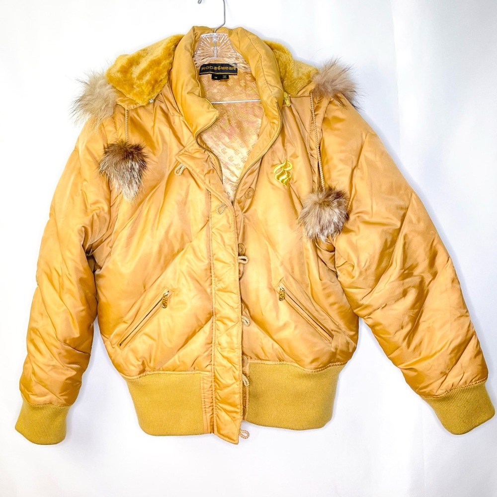 Y2K Rocawear Tan Gold Puffer Bomber Jacket Real Fur Trim Pomp Pomp Fur Balls 2X